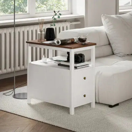 HOMCOM Modern End Table With Charging Station And USB Ports, Narrow Side Table With Drawers & Shelf For Living Room, White A.H.S.STORE