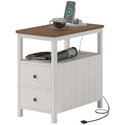 HOMCOM Modern End Table With Charging Station And USB Ports, Narrow Side Table With Drawers & Shelf For Living Room, White A.H.S.STORE