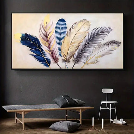 Gold Ribbon Feather Canvas Art for Home Interior Decor A.H.S.STORE
