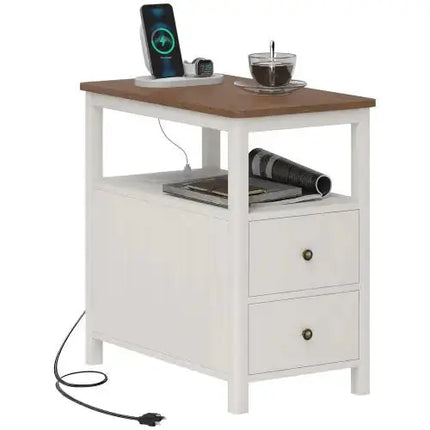 HOMCOM Modern End Table With Charging Station And USB Ports, Narrow Side Table With Drawers & Shelf For Living Room, White A.H.S.STORE