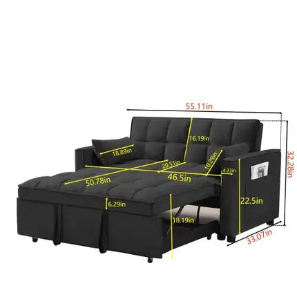 Modern Velvet Loveseat Futon Sofa Couch W  Pullout Bed,Small Love Seat Lounge Sofa W Reclining Backrest,Toss Pillows, Pockets,Furniture For Living Room,3 In 1 Convertible Sleeper Sofa Bed, Black A.H.S.STORE