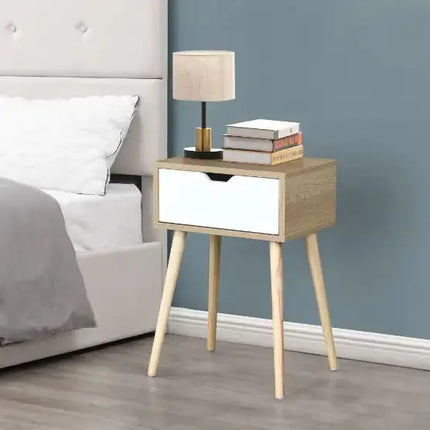 Side Table With 1 Drawer And Rubber Wood Legs, Mid-Century Modern Storage Cabinet For Bedroom Living Room Furniture A.H.S.STORE