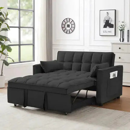 Modern Velvet Loveseat Futon Sofa Couch W  Pullout Bed,Small Love Seat Lounge Sofa W Reclining Backrest,Toss Pillows, Pockets,Furniture For Living Room,3 In 1 Convertible Sleeper Sofa Bed, Black A.H.S.STORE