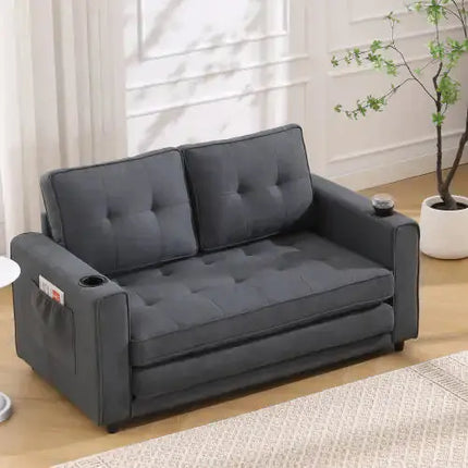 VIDEO Provided 3-in-1 Upholstered Futon Sofa Convertible Sofa Bed,Foldable Tufted Loveseat With Pull Out Sleeper Couch Bed A.H.S.STORE