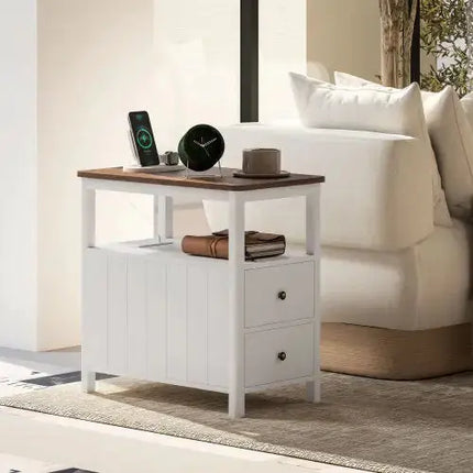 HOMCOM Modern End Table With Charging Station And USB Ports, Narrow Side Table With Drawers & Shelf For Living Room, White A.H.S.STORE