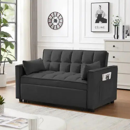 Modern Velvet Loveseat Futon Sofa Couch W  Pullout Bed,Small Love Seat Lounge Sofa W Reclining Backrest,Toss Pillows, Pockets,Furniture For Living Room,3 In 1 Convertible Sleeper Sofa Bed, Black A.H.S.STORE