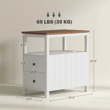 HOMCOM Modern End Table With Charging Station And USB Ports, Narrow Side Table With Drawers & Shelf For Living Room, White A.H.S.STORE