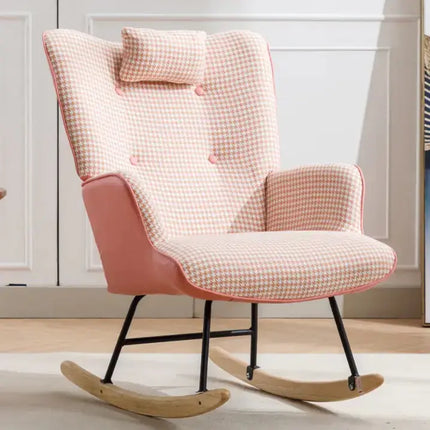 Soft Houndstooth Fabric Rocking Chair For The Baby Room, Comfortable Wingback Gliding Rocking Chair A.H.S.STORE