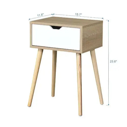 Side Table With 1 Drawer And Rubber Wood Legs, Mid-Century Modern Storage Cabinet For Bedroom Living Room Furniture A.H.S.STORE