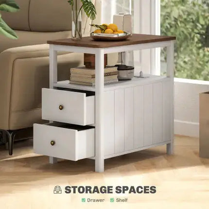 HOMCOM Modern End Table With Charging Station And USB Ports, Narrow Side Table With Drawers & Shelf For Living Room, White A.H.S.STORE