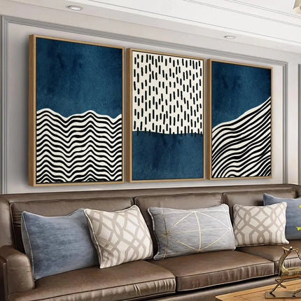 Framed Wall Art Canvas Set Mid Century Boho Picture Modern Abstract Geometric Lines Wall Decor Minimalist Black Indigo Canvas Painting Artwork Living Room Bedroom Home Office 16"x24"x3 Natural A.H.S.STORE
