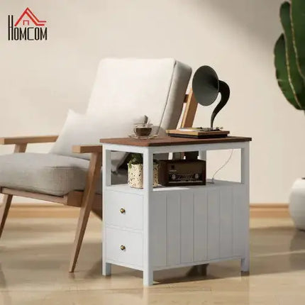 HOMCOM Modern End Table With Charging Station And USB Ports, Narrow Side Table With Drawers & Shelf For Living Room, White A.H.S.STORE