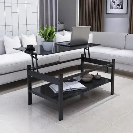 Glass Lift Top Coffee Table, Modern Simple 2-Layer Tempered Glass Coffee Table For Living Room, Black A.H.S.STORE