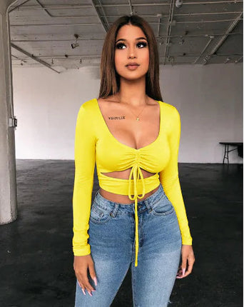 Women's V-Neck Drawstring Long-Sleeve T-shirt Top A.H.S.TechGadgetsSTORE
