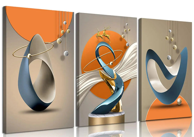 3 Pcs Modern Abstract Canvas Wall art Golden Deer Luxury Foil Lines Paintings Pictures Wall Decoration White Blue orange color Grey posters Prints for Living Room Bedroom Office Home Decoration A.H.S.STORE