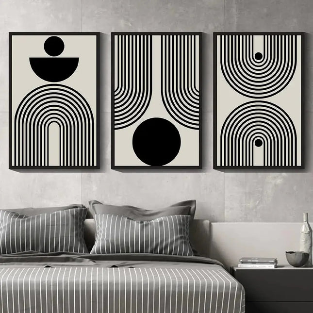 PHOPAGO Black Abstract Wall Art Geometry Large 24x36in Minimalist Sun Lines Framed Canvas Painting Artwork Living Room Bedroom Home Decor Black Framed A.H.S.STORE