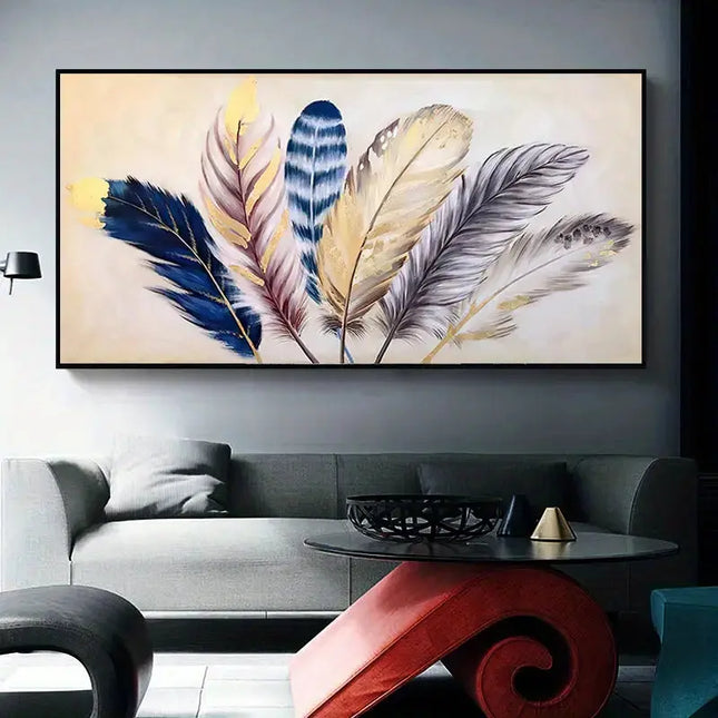 Gold Ribbon Feather Canvas Art for Home Interior Decor A.H.S.STORE