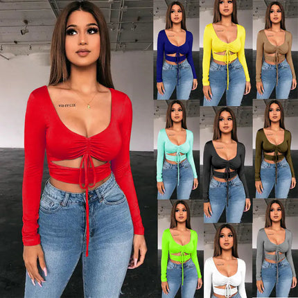 Women's V-Neck Drawstring Long-Sleeve T-shirt Top A.H.S.TechGadgetsSTORE