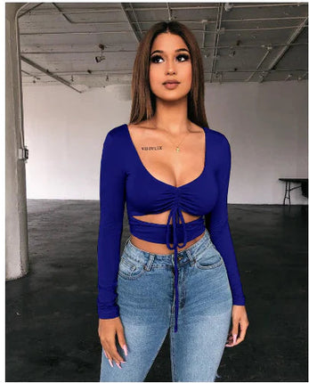 Women's V-Neck Drawstring Long-Sleeve T-shirt Top A.H.S.TechGadgetsSTORE