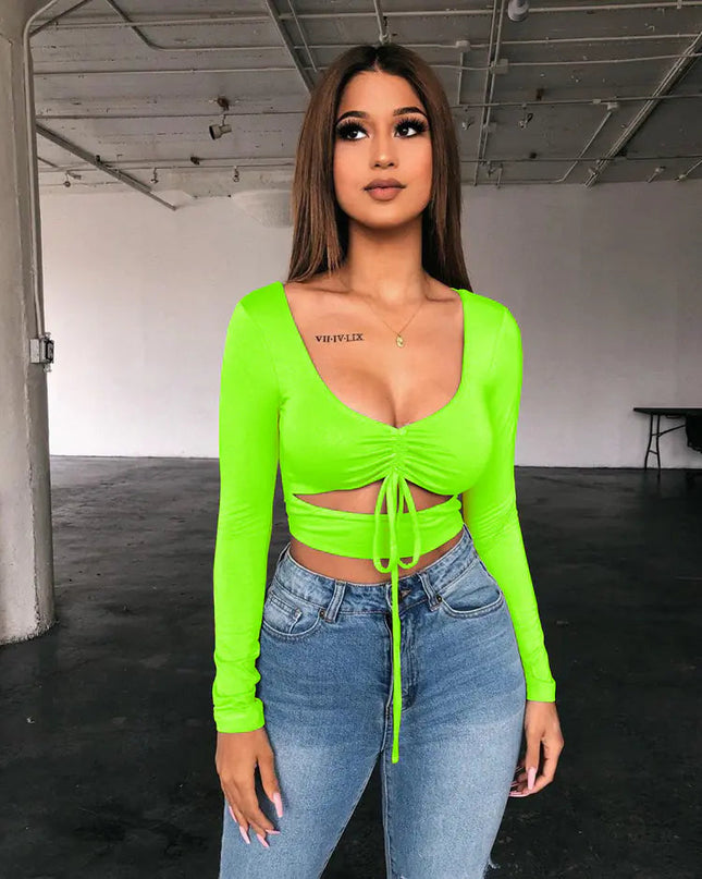 Women's V-Neck Drawstring Long-Sleeve T-shirt Top A.H.S.TechGadgetsSTORE