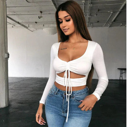 Women's V-Neck Drawstring Long-Sleeve T-shirt Top A.H.S.TechGadgetsSTORE