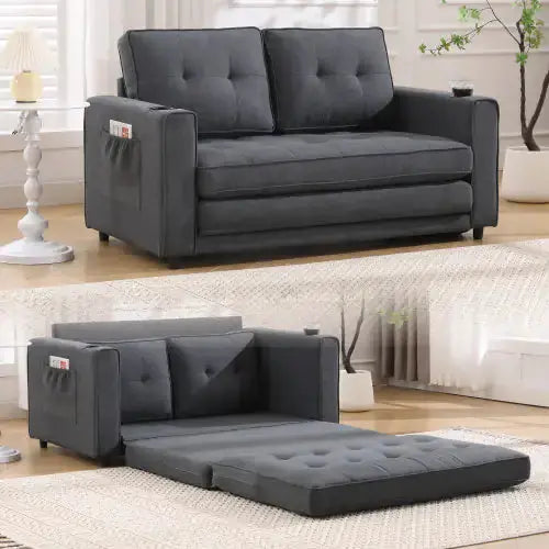 VIDEO Provided 3-in-1 Upholstered Futon Sofa Convertible Sofa Bed,Foldable Tufted Loveseat With Pull Out Sleeper Couch Bed A.H.S.STORE