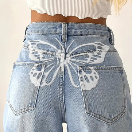 High Rise Butterfly Print Denim Jeans - Loose Fit A.H.S.TechGadgetsSTORE