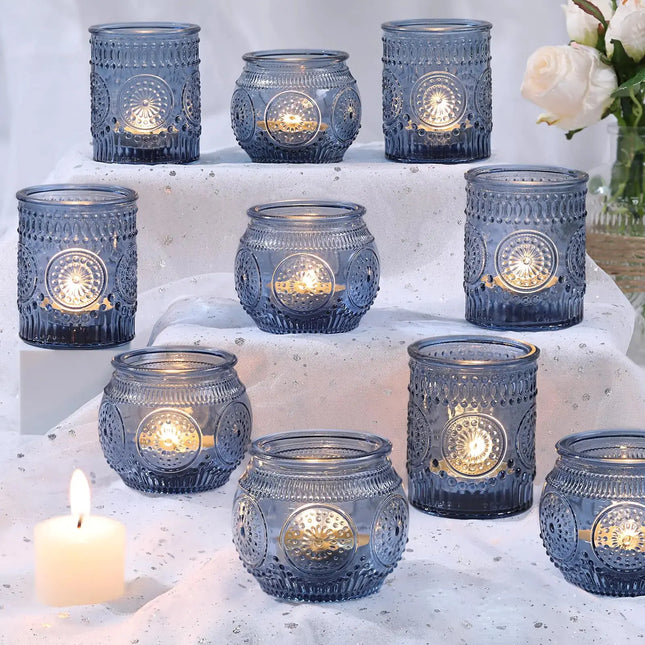 DARJEN 12Pcs Blue Votive Candle Holders - Votive Candle Holders Bulk Glass Candle Holder for Party Decoration Tea Lights Candle Holders for Wedding A.H.S.STORE