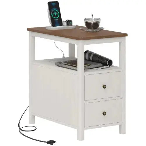 HOMCOM Modern End Table With Charging Station And USB Ports, Narrow Side Table With Drawers & Shelf For Living Room, White A.H.S.STORE