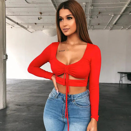Women's V-Neck Drawstring Long-Sleeve T-shirt Top A.H.S.TechGadgetsSTORE