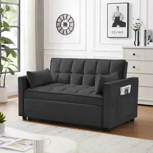 Modern Velvet Loveseat Futon Sofa Couch W  Pullout Bed,Small Love Seat Lounge Sofa W Reclining Backrest,Toss Pillows, Pockets,Furniture For Living Room,3 In 1 Convertible Sleeper Sofa Bed, Black A.H.S.STORE