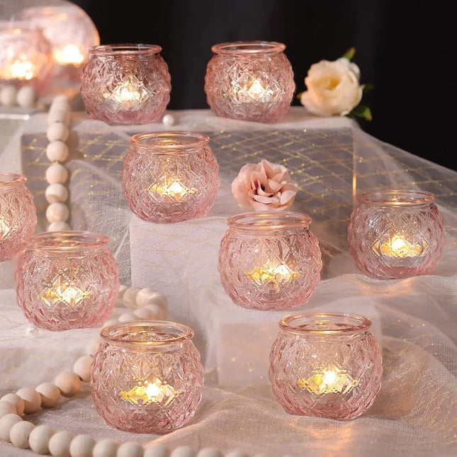 DARJEN 12Pcs Pink Votive Candle Holders - Round Glass Candle Holders for Flameless LED Tea Waxes Romantic Candle Holder for Wedding & Home Table Decor Various Parties A.H.S.STORE