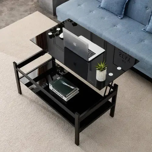 Glass Lift Top Coffee Table, Modern Simple 2-Layer Tempered Glass Coffee Table For Living Room, Black A.H.S.STORE