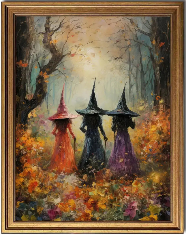 KBKBART Gold Framed Halloween Room Decor Wall Art Prints Vintage Witch Halloween Posters Decor Fall Aesthetic Halloween Pictures Wall Decor for Bedroom Halloween Horror Spooky Painting Vintage Witch Wall Art - 12"x16" A.H.S.STORE