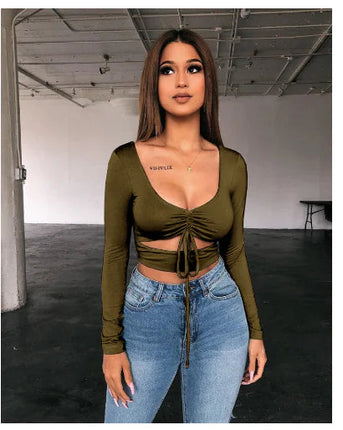 Women's V-Neck Drawstring Long-Sleeve T-shirt Top A.H.S.TechGadgetsSTORE