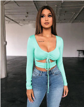 Women's V-Neck Drawstring Long-Sleeve T-shirt Top A.H.S.TechGadgetsSTORE