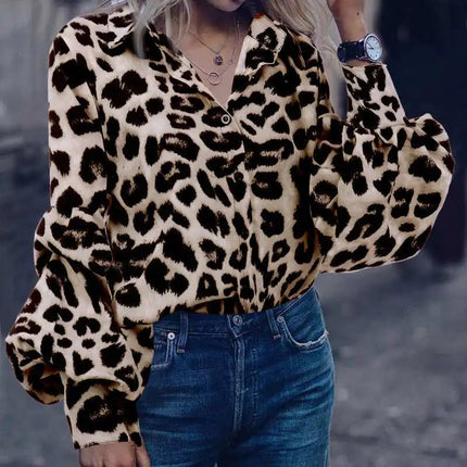 Loose Fit Leopard Print Long Sleeve Shirt for Women A.H.S.TechGadgetsSTORE