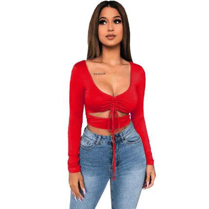 Women's V-Neck Drawstring Long-Sleeve T-shirt Top A.H.S.TechGadgetsSTORE