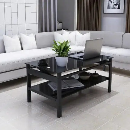 Glass Lift Top Coffee Table, Modern Simple 2-Layer Tempered Glass Coffee Table For Living Room, Black A.H.S.STORE