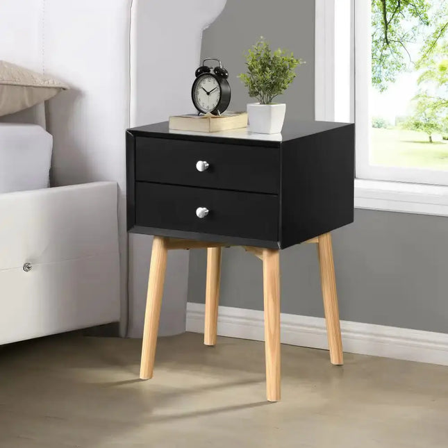 Side Table,Bedside Table With 2 Drawers And Rubber Wood Legs, Mid-Century Modern Storage Cabinet For Bedroom Living Room A.H.S.STORE