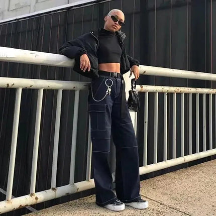 High-Waisted Loose Fit Women's Cargo Denim Pants A.H.S.TechGadgetsSTORE