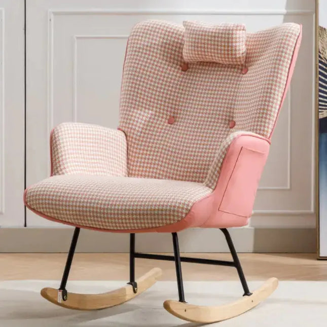 Soft Houndstooth Fabric Rocking Chair For The Baby Room, Comfortable Wingback Gliding Rocking Chair A.H.S.STORE