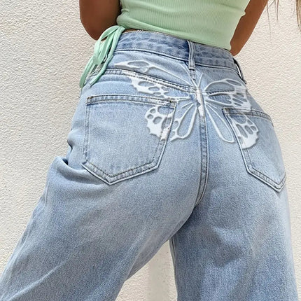 High Rise Butterfly Print Denim Jeans - Loose Fit A.H.S.TechGadgetsSTORE
