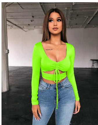 Women's V-Neck Drawstring Long-Sleeve T-shirt Top A.H.S.TechGadgetsSTORE