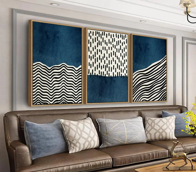 Framed Wall Art Canvas Set Mid Century Boho Picture Modern Abstract Geometric Lines Wall Decor Minimalist Black Indigo Canvas Painting Artwork Living Room Bedroom Home Office 16"x24"x3 Natural A.H.S.STORE