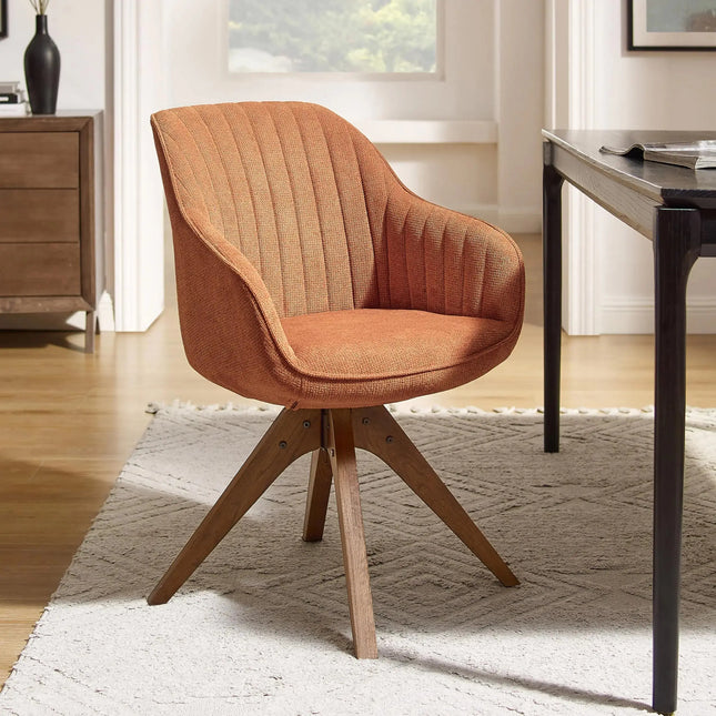Art Leon Desk Chair No Wheels Mid Century Modern Office Chair Swivel Accent Chair with Oak Wood Legs Fabric Upholstered Arm Chair Caramel A.H.S.STORE