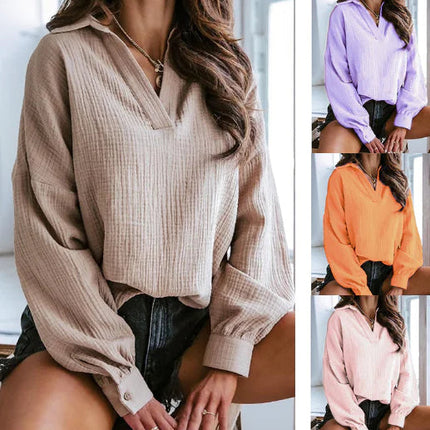 Lapel Lantern Long Sleeve Solid Color Shirt A.H.S.TechGadgetsSTORE